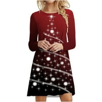 Absuyy ženske haljine casual- modni božićni božićni drvce Ispis dugih rukava okrugli vrat Party vin
