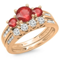 1. Carat 14k Rose Gold Okrugli crveni rubin i bijeli dijamantski ženski zaručni prsten sa odgovarajućim
