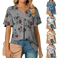 Vrhovi za žene cvjetna print crewneck casual bluza naletirana majica s kratkim rukavima XL XL