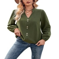 HAITE WOOD majice Bluze s dugim rukavima Čvrsto boje Tops dame Tunika majica V izrez Vojska zelenog