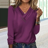 Taqqpue majice s dugim rukavima za žene Ležerne prilike V izrez UP Pleted Majice Comfy Lable Solid Color