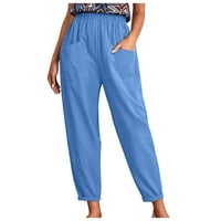 Wavsuf ženske hlače plus veličine čvrste ravno noge pamučno posteljina s džepovima nebeske plave hlače