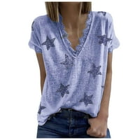 Ženski bluze Žene Ljeto V-izrez zvijezda Ispis kratkih rukava čipke patchwork majice bluza plave m