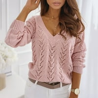 Džemper za žene casual solid color hollow v izrez pletena jesen odjeću