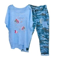 Ženske majice Plus size + hlače setovi ispis CrewNeck košulje s polovinom rukavima + hlače pantalone postavljene plave boje