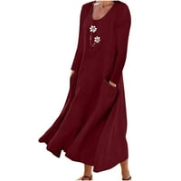 Viadha ženski pamučni pamučni posteljina s dugim rukavima Džepne haljine s dugim rukavima okrugli vrat Mid Calf haljine