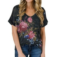 LeylayRay vrhovi za žene Ženska modna tiskana Ležerne prilike V-izrez Pocket rufflled labave bluze T-majice