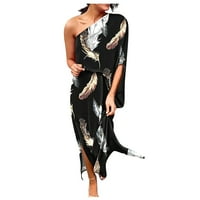 Clearsance Ljetne haljine za žene tiskane dužine koljena A-line rukava moda jedno rame haljina višebojna