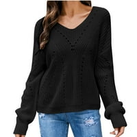 Voncos džemperi za žene- casual pulover s dugim rukavima V vrat na čišćenju ženske zbojene vrhove crne