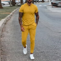 Hanas Muški dvodijelni casual o-vrat mišića kratkih rukava s kratkim rukavima sportskih odijela Yellow