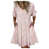 Ženske haljine s kratkim rukavima odštampani casual mini a-line V-izrez ljetna haljina ružičasta 5xl
