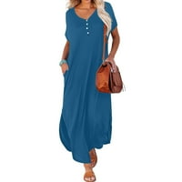 WHLBF Clearence ženska casual maxi haljina za plažu sa džepovima Ljetni casual kratkih rukava V vrat
