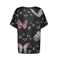 Cleance Womens Ljetni vrhovi Yohome Womens Butterfly Ispiši grafički gumb Grubovi džep kratki rukav