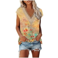 Šaljaitl majica za žene, ženski ljetni V-izrez čipke patchwork kratkih rukava seksi vrhunska bluza žuta,