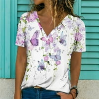 Žene ljetne vrhove Henley cvjetna bluza casual ženske majice kratkih rukava ljubičasta m