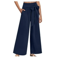 Amtdh Ženske trendi široke noge za hlače za noge Solidna boja Lounge Elastični struk sa luknim hlačama sa džepovima Plus veličina lagane casual labave udobne pantalone Dame Fall Fashion Blue XL
