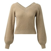 Yinmgmhj džemperi za žene Žene Modni čvrsti boju Dugi rukav V izrez Loose Knit pulover džemper kaki