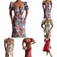 Fule Women Ljeto četvrtasto ovratnik kratkih rukava boemska cvjetna print plaža Maxi haljina