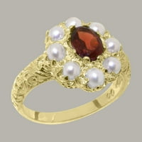 Britanci napravio 9k žuto zlato stvarni originalni Garnet & Fultired Pearl Womens Ring - Opcije veličine