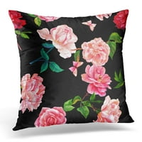 Vodeni crteži cvjetanja crvenih i ružičastih ruža Camellias Peonies i leptiri Ručno na crnoj jastuci jastučni jastuk