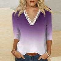 Štednja Ženska majica s dugim rukavima V-izrez Slobodno od ispisane labave majice rukave bluza čipke