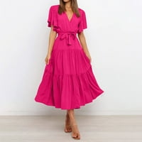 Homchy haljina za žene Ljeto Ležerne prilike V-izrez Solid Boja kratkih rukava s kratkim rukavima, dugačka