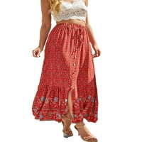 Ženska ležerna suknja, visoko struk cvjetni tiskani gumb ruffled boemska labava duga suknja