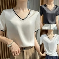 Žene satenske svilene obične V-izreze Ležerne prilike labave bluza s kratkim rukavima Majica Bijela