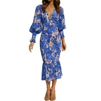 Ljetne haljine za ženske modne ležerne listove Ispis košulje V Vrat Dugme Down Slit Maxi haljina