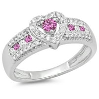 Dazzlingock Collection 10k Round Cut Pink Sapphire & White Diamond Dame Bridal Srčani zaručni prsten, bijelo zlato, veličina 8