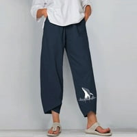 Capri pantalone za žene pamučne posteljine široke noge Capris, ljetne hlače na plaži elastični struk