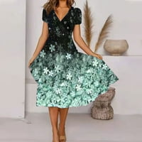 Gotyoou Ženska ljetna casual moda cvjetna ispis kratkih rukava V-izrez Swing haljina zelena 3xl
