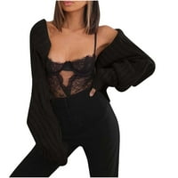 Dezsed Womens Dukseri za čišćenje dame seksi čvrsta boja Super kratki džemper s dugim rukavima Black