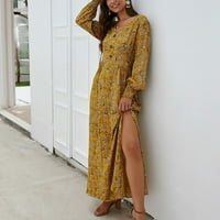 Clearsance Ljetne haljine za žene Dužina gležnja dugih rukava modni a-linijski ispisani V-izrez haljina žuta s