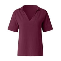 Žene plus veličine rever pola rukava V-izrez pamuk posteljina na vrhu casual labave čvrste majice vino