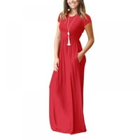 Xmarks Ženska kratka rukava Labavi obični maxi haljine casual duge haljine džepovi, crveni, xl