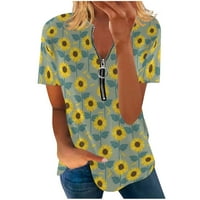 StMixi majice za žene kratki rukav V-izrez cvjetni print ljetni osnovni vrhovi modni kvart Zip Comfy