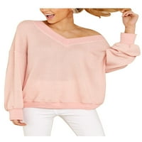 Pink Queen ženski V izrez dugih rukava na vrhu ramena narezive pulover džemper ružičaste s