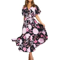 Proljetne haljine za žene Dame Ljetna modna haljina čipkasta tiskana V izrez Haljina kratki rukav duge