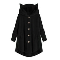 Dugme za žene plus veličine plišani vrhovi kapuljač kapuljača sa kapuljačom od vune zimska jakna crna