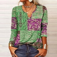 Ženske majice etničkog stila Fall Western V izrez Bluze s dugim rukavima Classic Fit Tops Green 2XL