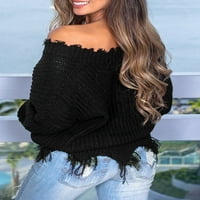 Asyoly ženski pleteni džemper V izrez dugi rukav raštrkani pulover pulover čvrste boju skakač labavi