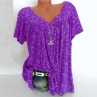 Žene plus vrhovi čišćenje Women plus veličina kratkih rukava V-izrez za ispis bluza pulover majica Purple