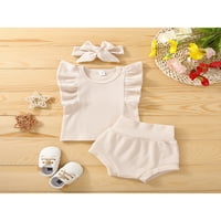 Mialeoley Baby Ljeto odijelo, pune boje letećim rukavima + kratke hlače + set za kosu za mališane, 0-