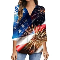 Oalirro Fashion Woman Američka zastava Majica Patriotsko V izrez Tri četvrtine 3 4Sleeve Nezavisna dnevna