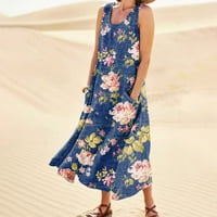 Ljetne haljine za žene bez rukava A-line Dužina slatka za odmor cvjetna okrugla dekoltena haljina plava
