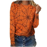 Tdoqot Halloween majice za žensko-posadu izrez Cobweb grafički pad dugih rukava Ležerna majica narančasta