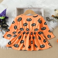 SUNISERY BABY GIRL HALLOWEEN A-line haljine narančaste mačke s dugim rukavima Ispisuje se dresene haljine