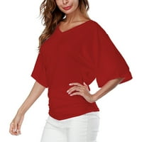 Huachen ženska modna čvrsta boja V-izrez majica bluza s rukavima bluza crvena l