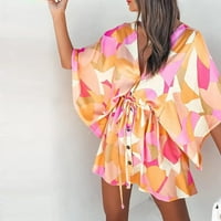 Stalni ljetne haljine za žene Ženska ljetna rukava V izrez Boho Print Crckstring Sun Beach Haljina Pink,